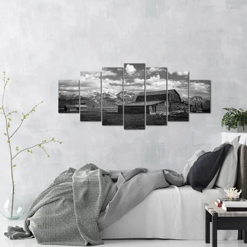 Vista 5 de LevvArts 7 piezas de arte de pared de granero en blanco y negro Moulton Barn impresiones de imágenes de paisaje Wyoming para decoración del hogar