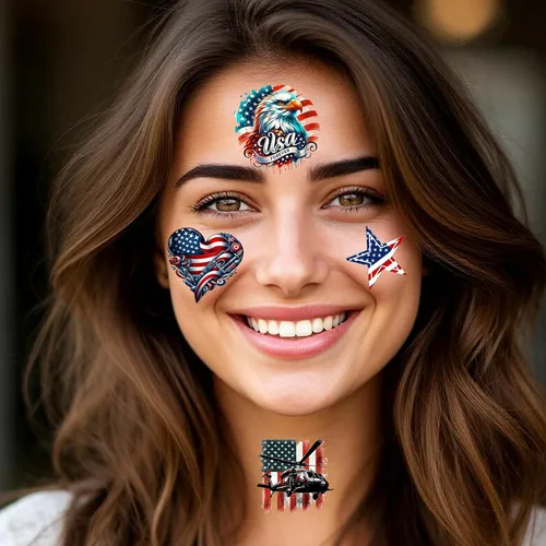 Vista 2 de 49 hojas de tatuajes del 4 de julio, Día de la Independencia, patrióticos temporales tatuajes para veteranos laborales estadounidenses, decoración
