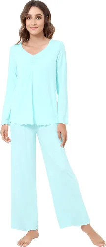 Vista 25 de NACHILA Women's Pajamas Set-Viscose Made from Bamboo, Long Sleeve Sleepwear Top with Pants Comfy Pajama Soft 2 Piece Pjs B-aqua Green