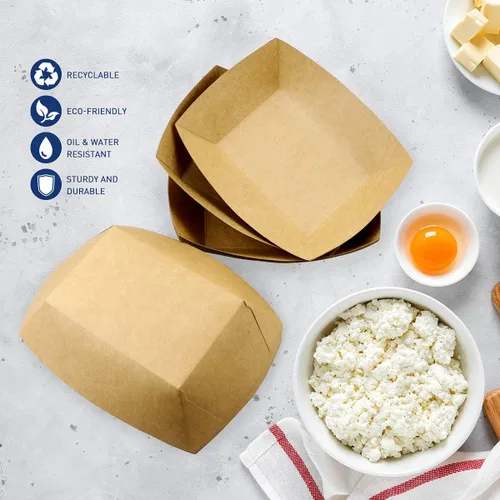 Vista 6 de Oomcu Paquete de 100 bandejas de papel resistentes de 3 libras, botes desechables de papel kraft marrón para aperitivos de fiesta, nachos, perros