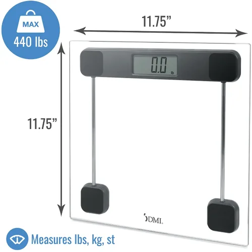 Vista 3 de DMI Báscula digital de baño de vidrio templado con pantalla LCD grande, activación automática, capacidad de peso de 440 libras, clínicamente precisa