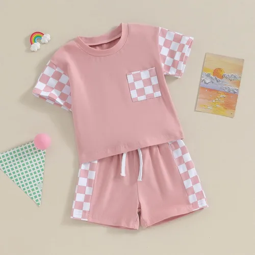 Vista 3 de FOCUSNORM Conjunto de camiseta de manga corta para niña pequeña, camiseta de manga corta, pantalones cortos de ajedrez, ropa de verano para niña