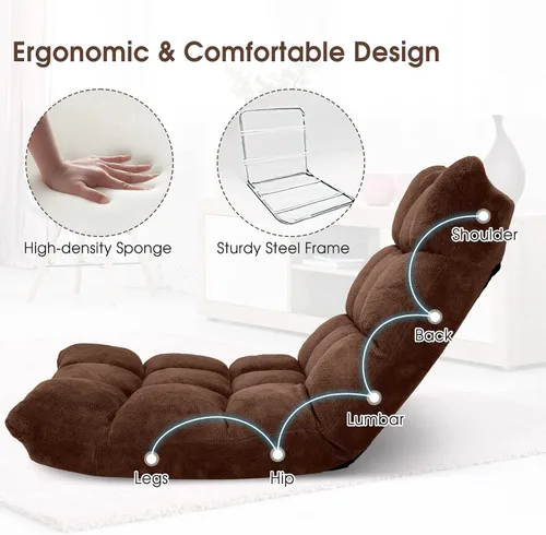 Vista 5 de Byroce - Silla plegable para juegos de suelo, ajustable de 14 posiciones, sofá cama con soporte para espalda, sillón reclinable para meditación Café