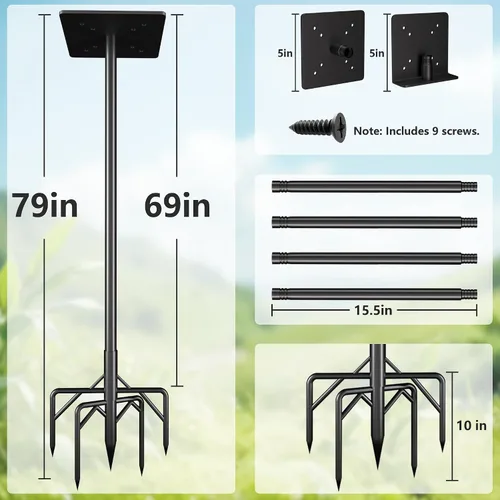Vista 2 de Kit de poste para comedero de pájaros, poste de casa de pájaros de 79 pulgadas para exteriores resistente, 5 puntas de base ajustables, soporte