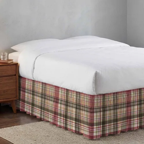 Vista 9 de Falda de cama vintage a cuadros, tamaño Queen de 16 pulgadas de caída, ajustable y elástica, plisada, con volantes de polvo de lujo para cama
