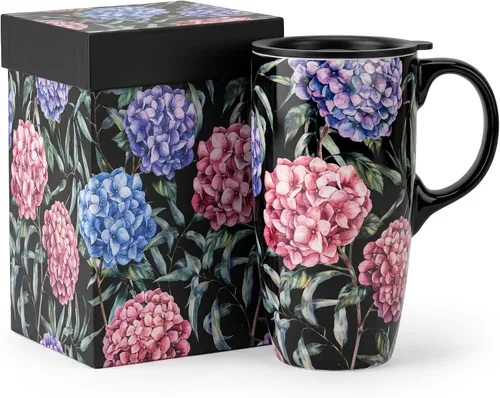 Vista 11 de DUSVALLY Taza de viaje de cerámica de 17 onzas con tapa, taza de café botánica vintage, taza de té floral azul con asa, apta para microondas