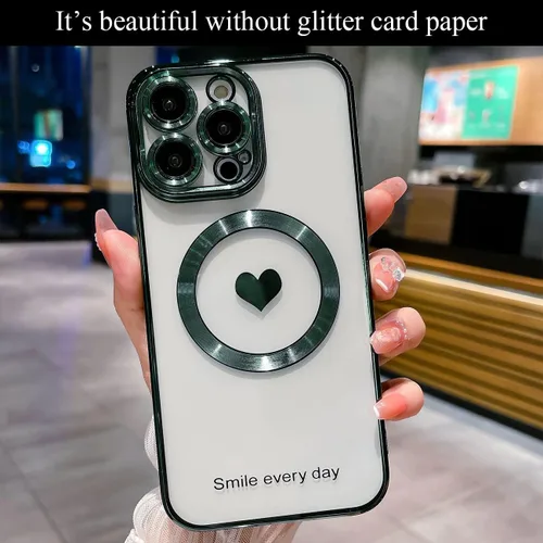 Vista 3 de Funda para iPhone 14 Pro Max con purpurina magnética compatible con MagSafe, funda transparente con corazón de amor, protección de cámara, chapado