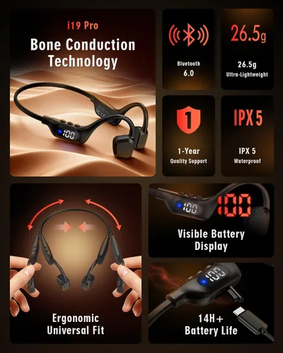 Vista 2 de Bone Conduction Headphones, 14H Playtime Bluetooth 6.0 Open-Ear Earbuds with Mic, IPX5 Waterproof Lightweight Headset, Wireless Sport Earphones for