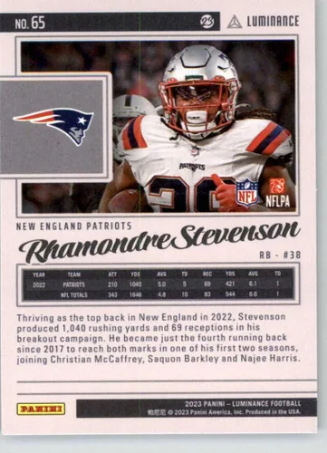 Vista 2 de 2023 Panini Luminance #65 Rhamondre Stevenson New England Patriots Official NFL Football Card in Raw (NM or Better) Condition