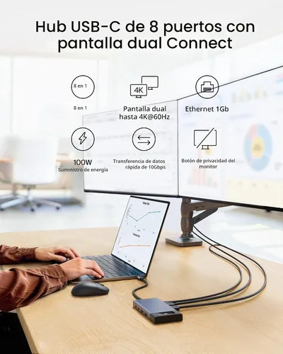 Vista 2 de Belkin Hub USB C, concentrador multipuerto 8 en 1 de 100 W - Soporte de doble pantalla para Windows y Chromebook + soporte duplicado para macOS