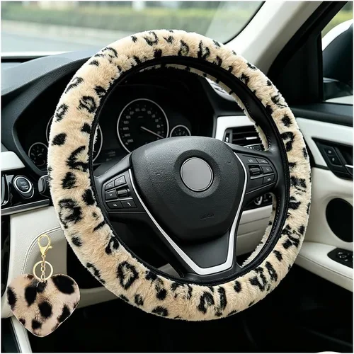 Vista 13 de Funda de volante de leopardo con llavero, protector de volante de piel elástica y mullida, guepardo, accesorios de automóvil para mujeres y niñas