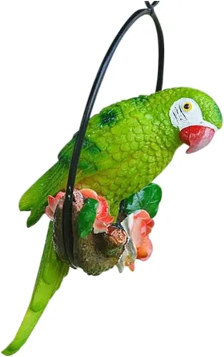 Vista 3 de Estatua de pájaro colgante, estatua colgante de perca de pájaro, anillo redondo, escultura de loro, figura de guacamayo para patio, verde, escultura