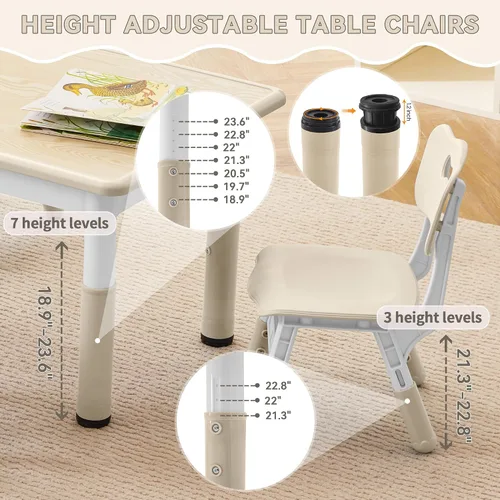 Vista 2 de GITAWUSA Juego de mesa y sillas de estudio para niños, juego de mesa y silla ajustables en altura para niños de 3 a 8 años, mesa de arte para niños