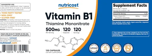 Vista 6 de Vitamina B1 Nutricost (Tiamina) 0,018 oz, 120 cápsulas, 1 botella, 1
