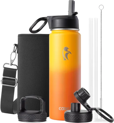 Vista 42 de Coolflask Botella de agua de 20 onzas aislada con pajilla, 3 tapas de metal de acero inoxidable, botella de agua de boca ancha para deportes u