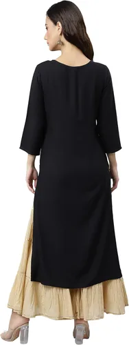 Vista 7 de Janasya Kurta recta de rayón negro para mujer india