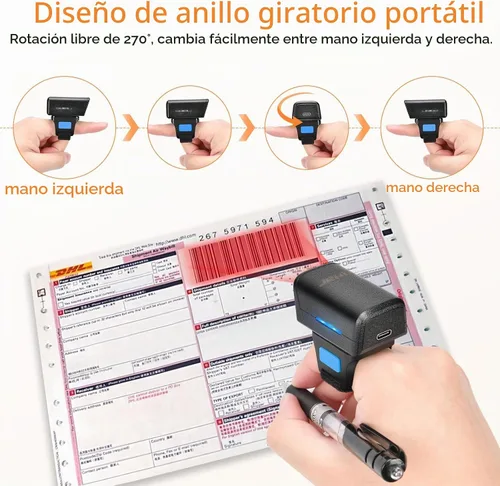 Vista 2 de 1D 2D Bluetooth portátil anillo escáner de código de barras, mini lector de código de barras portátil con inalámbrico 2.4Ghz y Bluetooth y USB