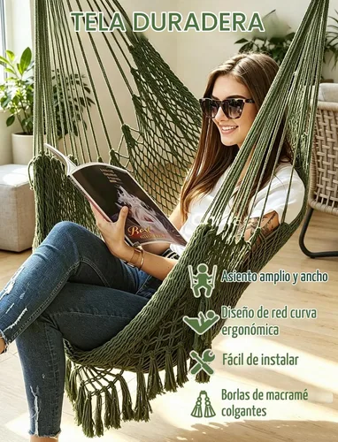 Vista 5 de Chihee Hamaca Silla de malla tejida hecha a mano Asiento colgante Barra esparcidora de metal