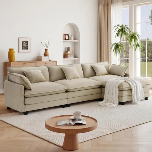 Vista 7 de KISLOT Sofá modular modular de gran tamaño de 74.4 pulgadas con 4 almohadas Sofá nube, cojines dobles, asientos profundos, sala de estar Arena