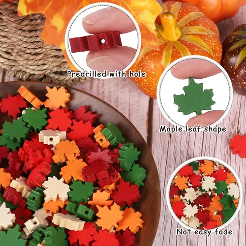 Vista 3 de Whaline 150 cuentas de madera de hoja de arce de otoño de Acción de Gracias, 5 colores, cuentas de madera rústicas de granja, cuentas de hojas