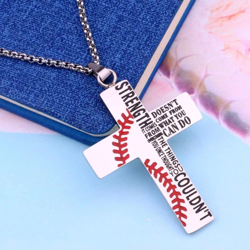 Vista 3 de Collar inspirador de cruz de béisbol cristiana, la fuerza no viene de lo que puedes hacer