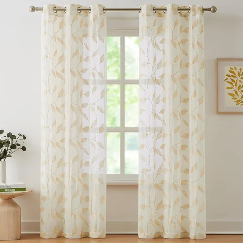 Vista 8 de Bujasso - Cortinas de hojas transparentes de 63 pulgadas, bordadas con flores, estilo granja, cortinas con filtro de luz para ventana, patrón Dorado