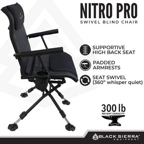 Vista 6 de Silla Giratoria de Caza Black Sierra XL – Asiento Ciego Silencioso de Servicio Pesado 360° que Soporta 300 libras, Reposabrazos Acolchados, Pies