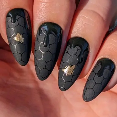 Vista 10 de Uñas postizas a presión de Halloween, uñas postizas de almendra, cobertura completa, uñas postizas rojas con diseños de gotas de sangre, punta 14