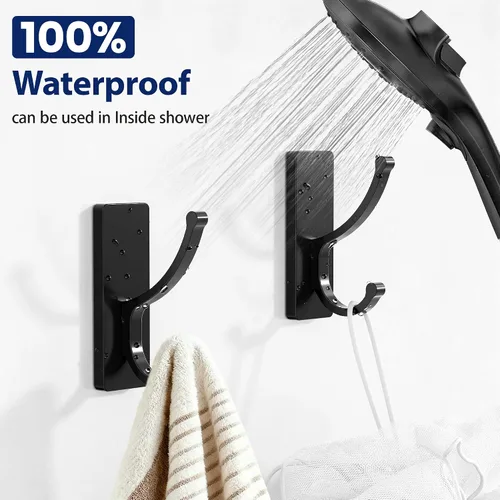 Vista 5 de pickpiff Ganchos adhesivos de pared con tira, sin residuos, fáciles de quitar, gancho para toallas pegajoso fuerte y resistente, paquete de 4 Negro