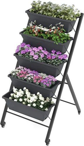 Vista 12 de Safstar - Macetero vertical de 5 niveles, cama de jardín elevada con 2 ruedas con bloqueo, 5 jardineras extraíbles, marco de metal, caja