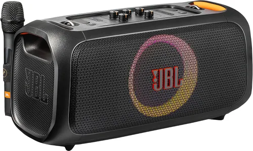 Vista 4 de Altavoz Bluetooth JBL Party On-The-Go con micrófono 100W de sonido profesional, espectáculo de luces dinámicas, IPX4 a prueba de salpicaduras