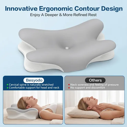 Vista 2 de Almohada cervical para aliviar el dolor de cuello, almohada cervical para dormir, almohadas de espuma viscoelástica para soporte de cuello y Gris