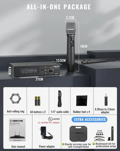 Vista 6 de Sistema de micrófono inalámbrico Phenyx Pro True Diversity con 1000 canales sintonizables, set de micrófono inalámbrico único con escaneo