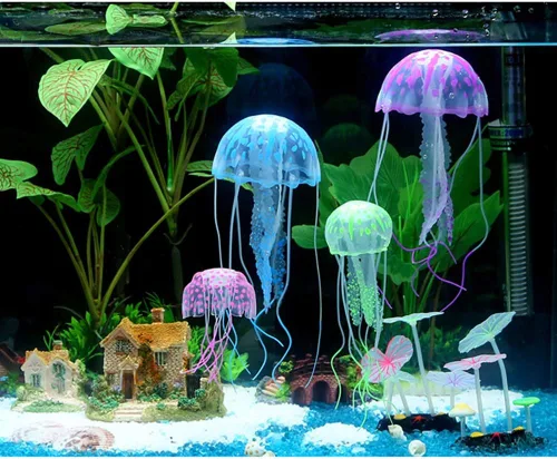Vista 3 de 6 piezas de medusas artificiales para acuario, decoración de medusas brillantes, silicona suave