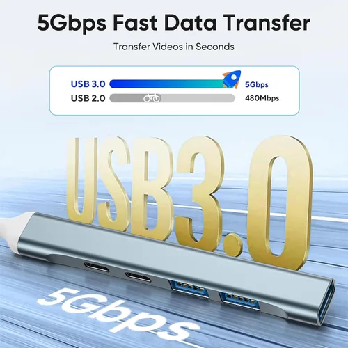 Vista 4 de Hub USB 3.0, concentrador USB 5 en 1 con USB C portátil y divisor USB de aluminio para laptop, Xbox, unidad flash, disco duro, consola, impresora