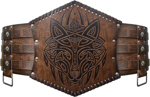Vista 2 de HiiFeuer Viking - Armadura de cintura en relieve, cinturón ancho de piel sintética nórdica, cinturón de corsé medieval de caballero para disfraz LARP
