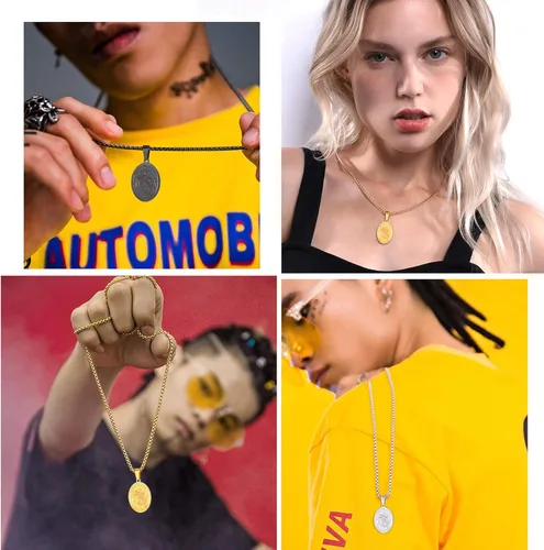Vista 2 de Collar para hombre y mujer personalizado de San Miguel San Cristofer de acero inoxidable chapado en oro de 18K redondo ovalado colgante de escudo