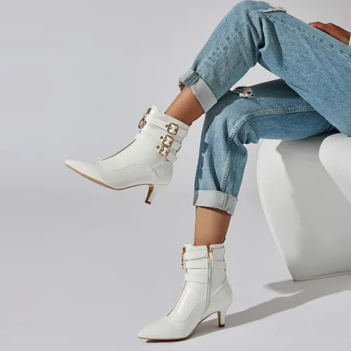 Vista 4 de KISSASA Botines de tacón de gatito con correa de hebilla para mujer, puntera puntiaguda, con cremallera