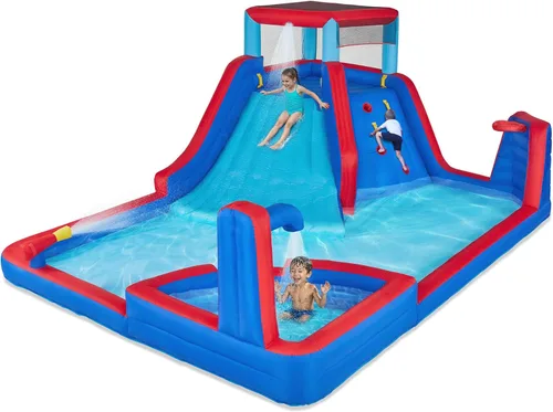 Vista 9 de Sunny & Fun - Parque inflable de cuatro esquinas, resistente para diversión al aire libre, pared de escalada, tobogán y piscina profunda, fácil