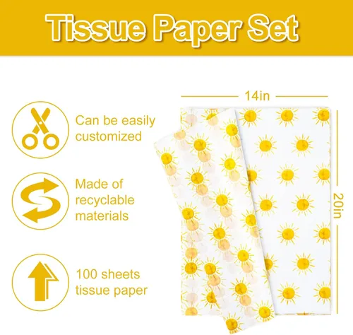 Vista 2 de Whaline 100 hojas de papel de seda bohemio con sol amarillo, papel de regalo para el primer viaje alrededor del sol, papel de arte para manualidades