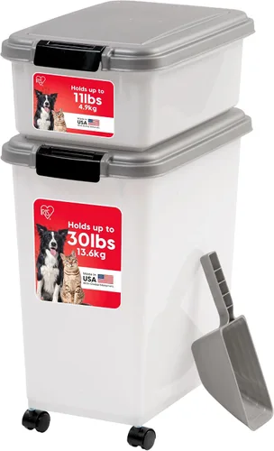 Vista 11 de IRIS USA Contenedor hermético de almacenamiento de comida para perros combinado de 30 libras y 11 libras, caja apilable para premios, cuchara de 2