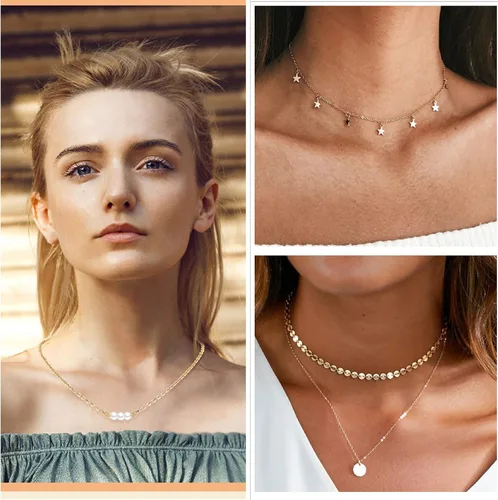 Vista 2 de Honsny 25 collares de gargantilla en capas para mujeres y niñas, juego de collar multicapa de oro, ajustable, delicado, luna, estrella, moneda