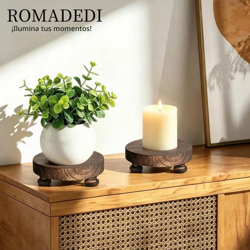 Vista 4 de Romadedi - Soporte de madera de granja para exhibición - 2 piezas, decoración rústica, mini pedestal de madera, bandeja redonda decorativa para mesa