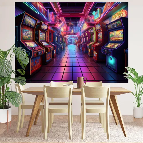 Vista 4 de Telón de fondo retro de 7 x 5 pies de los años 80 y 90 s Arcade Video Gaming Theme Decoración Fiesta de Cumpleaños Niños Sala de Juegos Fotografía