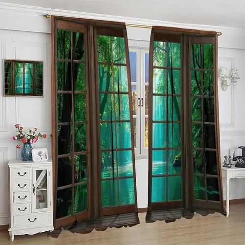 Vista 73 de Cortinas de paisaje, ventana 3D, primavera, bosque, vida silvestre, paisajes de naturaleza, dormitorio, sala de estar, cortinas térmicas opacas de 2