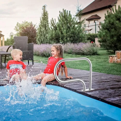 Vista 5 de VINGLI Barandilla de mano para piscina, escalera de piscina de acero inoxidable de 3 curvas, pasamanos dobles para piscina enterrada con placa
