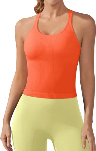 Vista 26 de ATTRACO Camiseta corta acanalada de entrenamiento para mujer con brasier integrado para yoga, espalda cruzada, ajuste ajustado