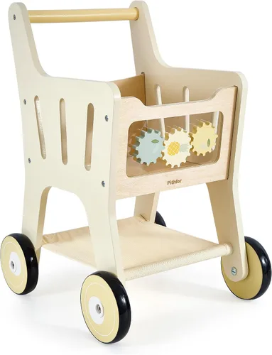 Vista 7 de Pithfor Carrito de compras de madera para niños, 3 en 1 caminante de madera para bebés, cochecito de muñeca de bebé, carrito de compras de juguete