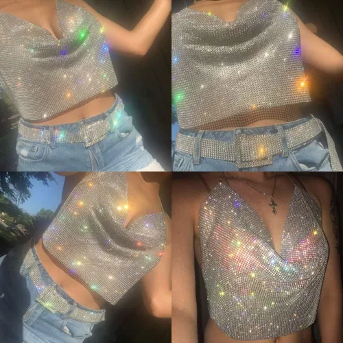 Vista 5 de Mujeres Sexy Brillante Rhinestone Crop Tops Cadena de Metal Halter Tank Top V Cuello Camisola para Festival Club Party Raves