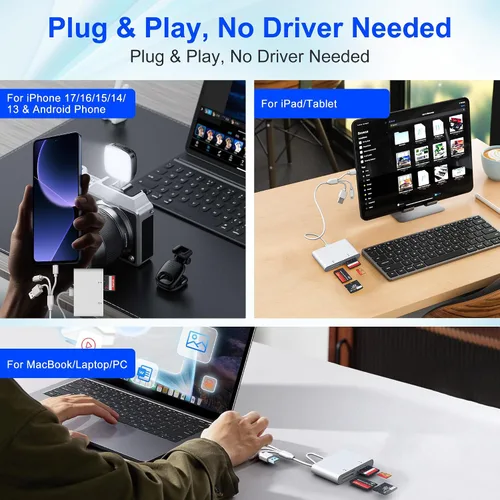 Vista 5 de OTG Memory Stick Pro Duo Adaptador 4 en 1 USB C/Lightning/USB-A a SD/TF/XD/MS lector de tarjetas para Sony Lexar Sandisk, lector de tarjetas